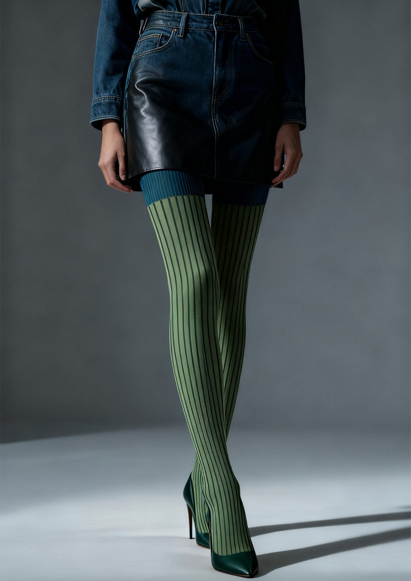 Olive Vertical Striped Tights Hosiery Pantyhose