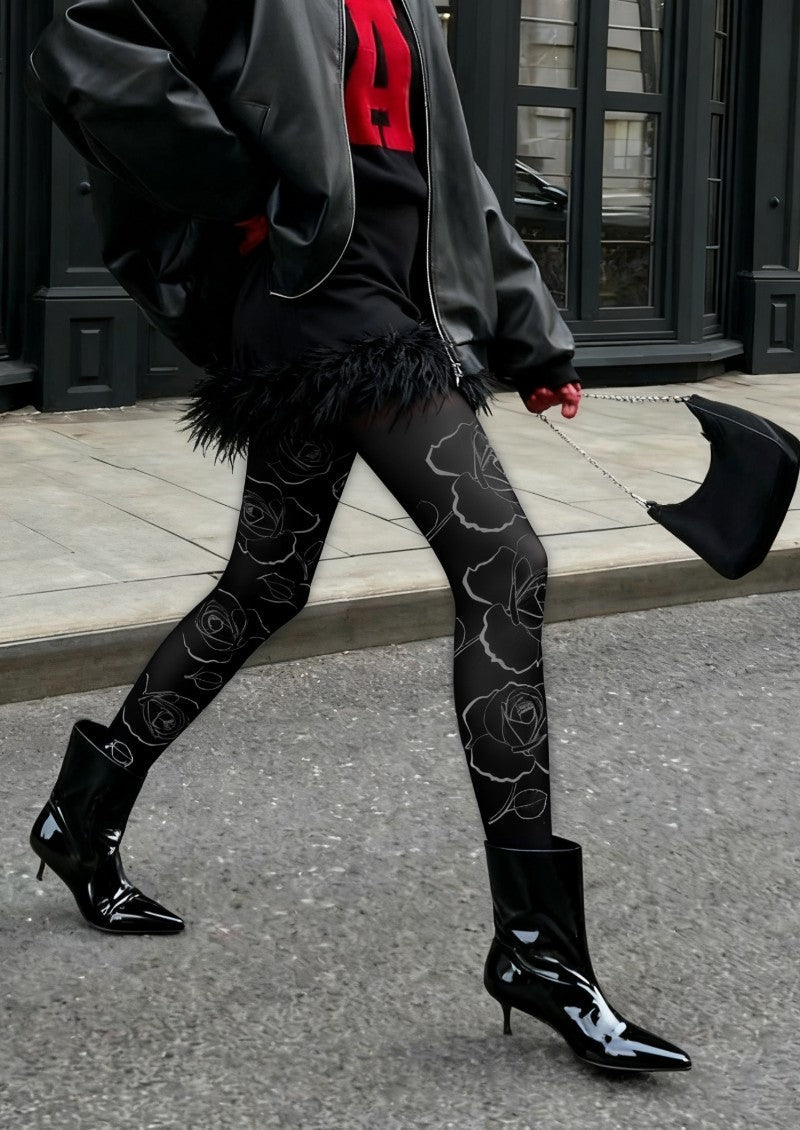 Floral Rose Print Tights Hosiery Pantyhose