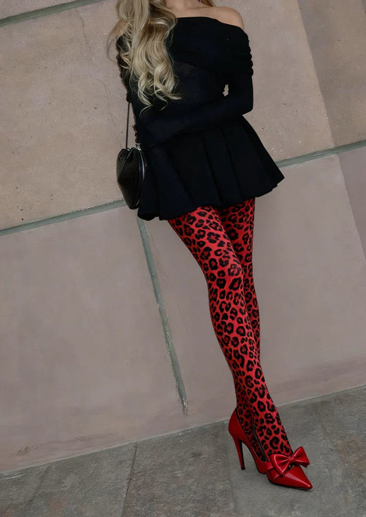 Red Leopard Print Tights Hosiery Pantyhose