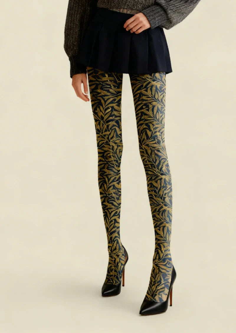 Golden Botanical Pattern Tights Hosiery Pantyhose