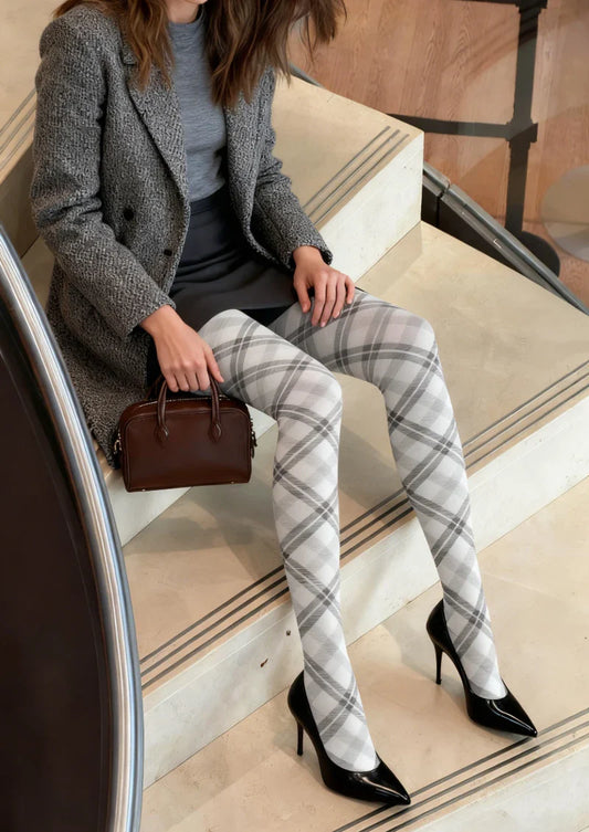 Gray Plaid Tights Hosiery Pantyhose