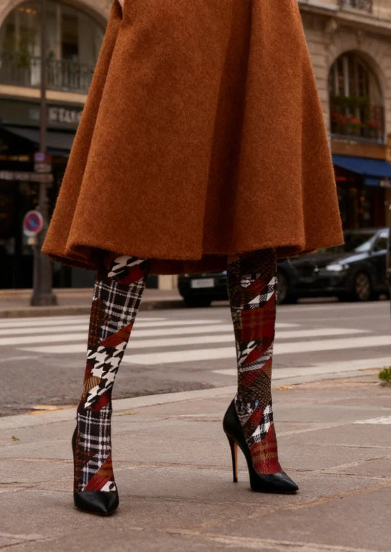 Brown Houndstooth Plaid Mix Tights Hosiery Pantyhose