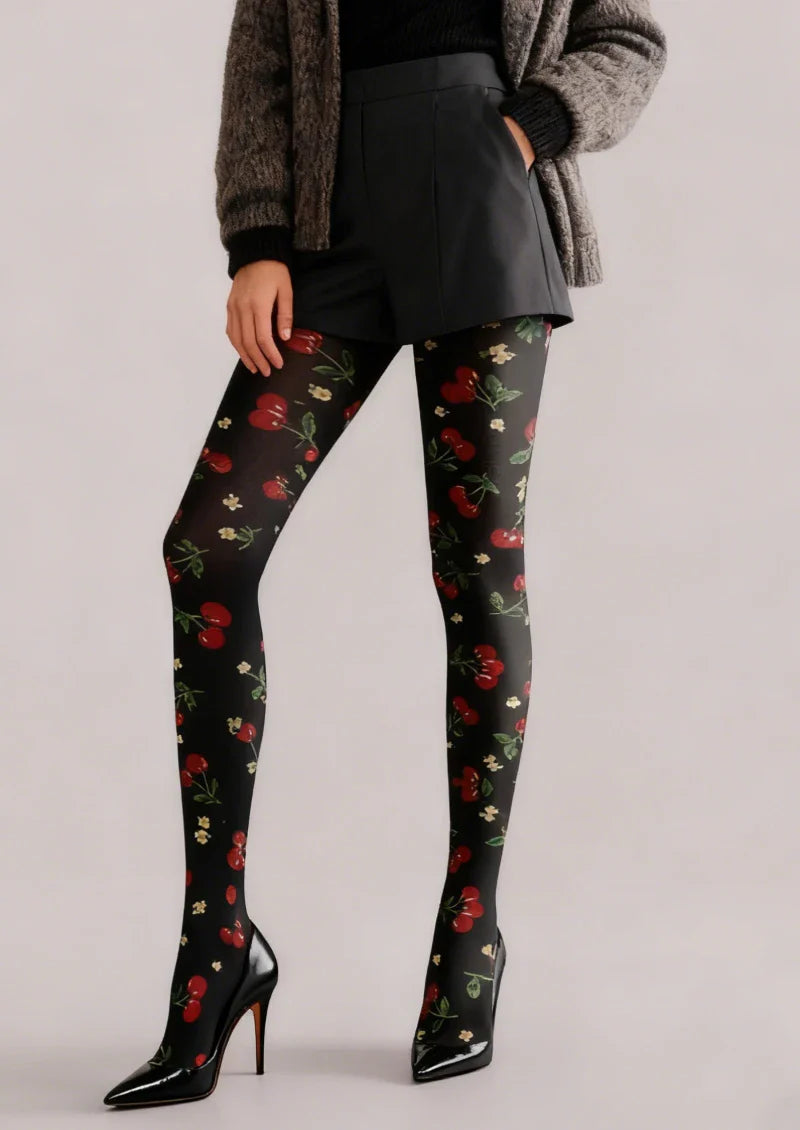 Black Red Rose Tights Hosiery Pantyhose