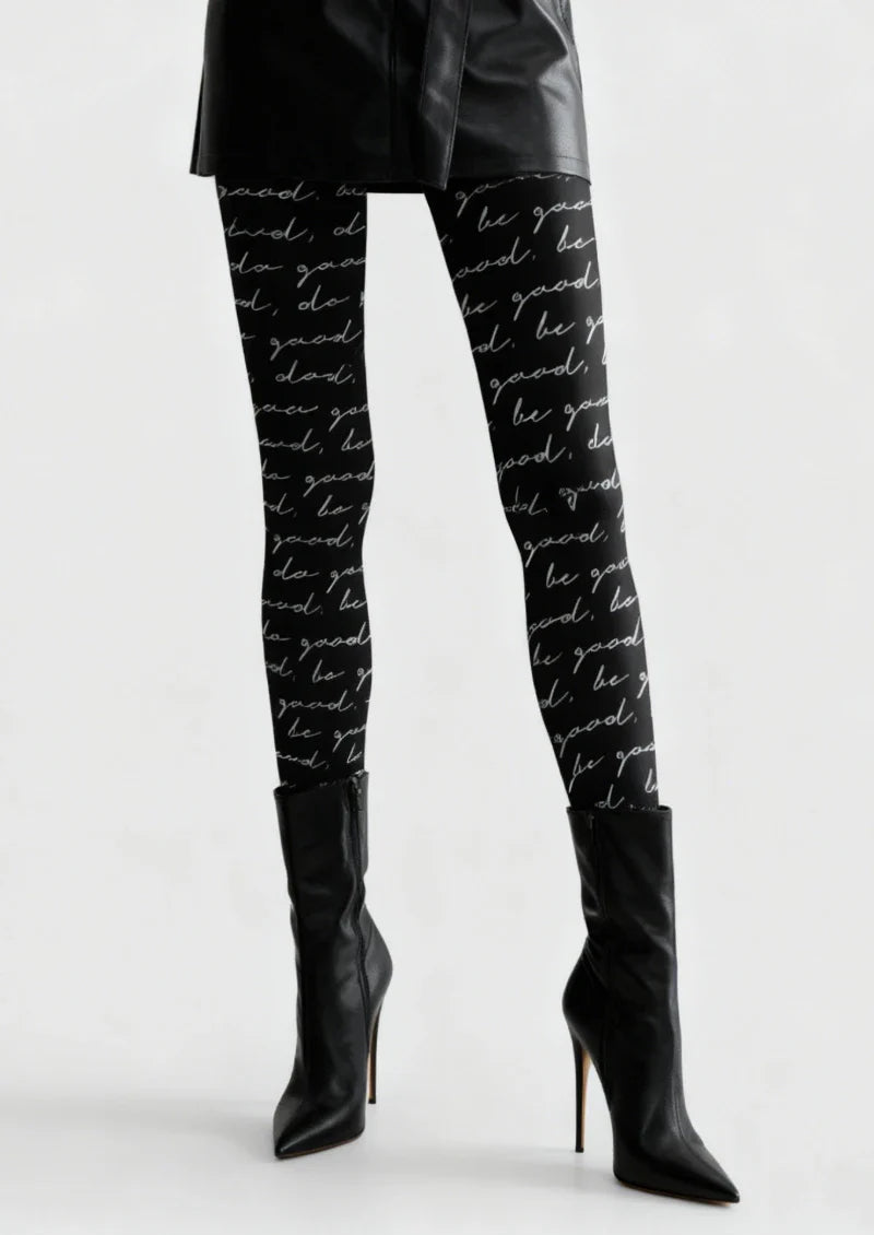 Black Script Letter Tights Hosiery Pantyhose