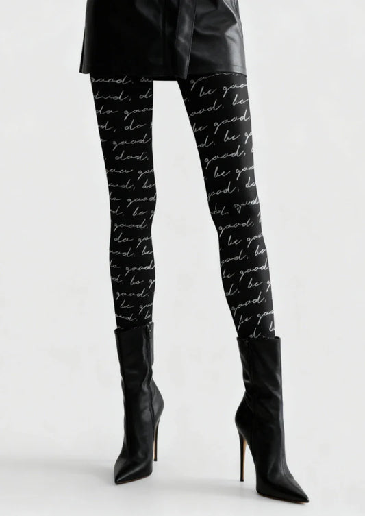 Black Script Letter Tights Hosiery Pantyhose