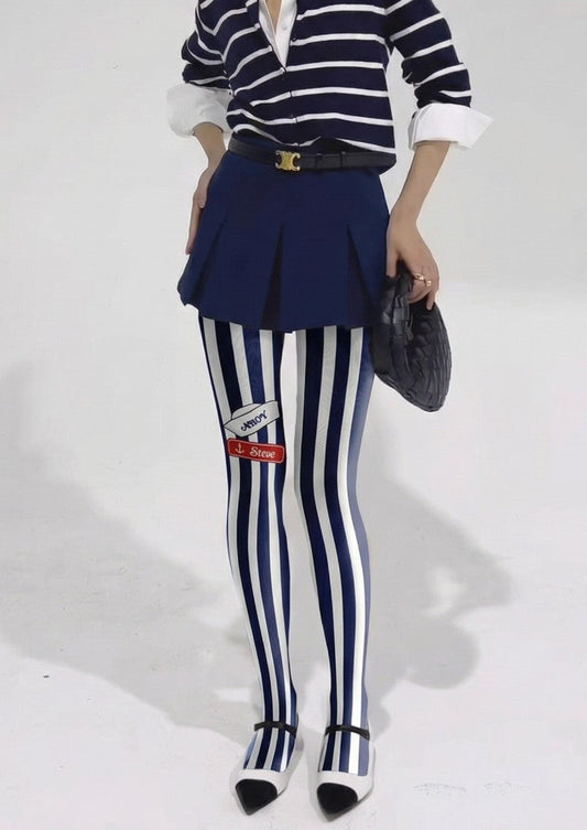 Navy White Vertical Striped Tights Hosiery Pantyhose