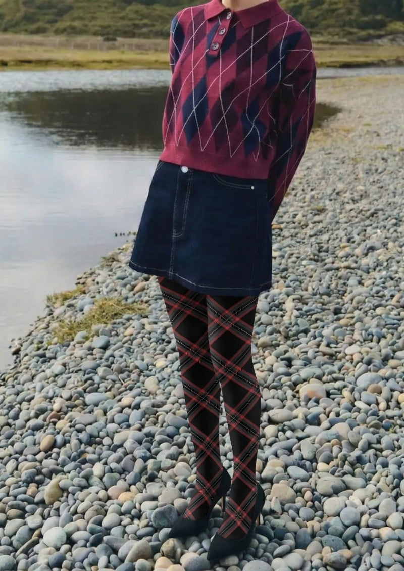 Black Red Plaid Tights Hosiery Pantyhose