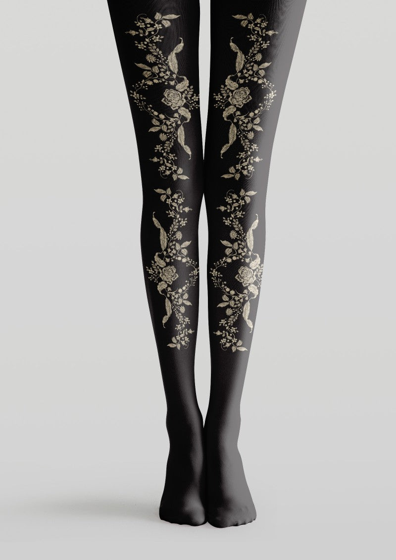 Black Floral Print Tights Hosiery Pantyhose