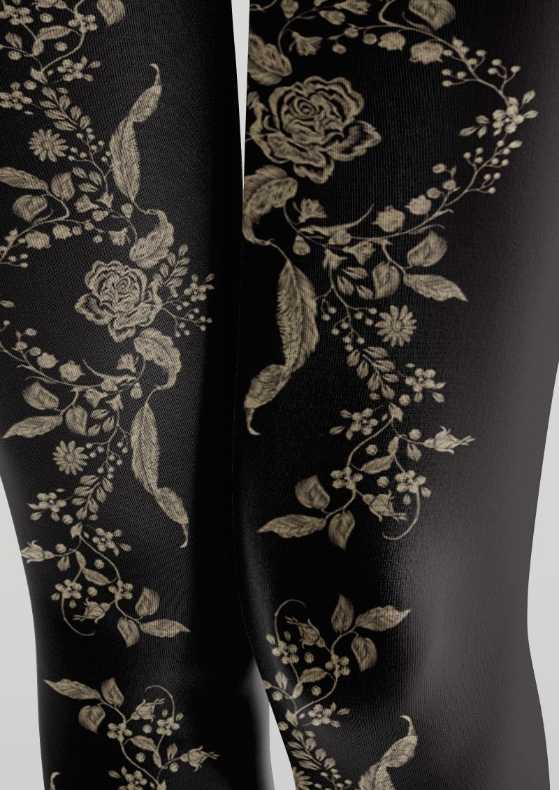 Black Floral Print Tights Hosiery Pantyhose