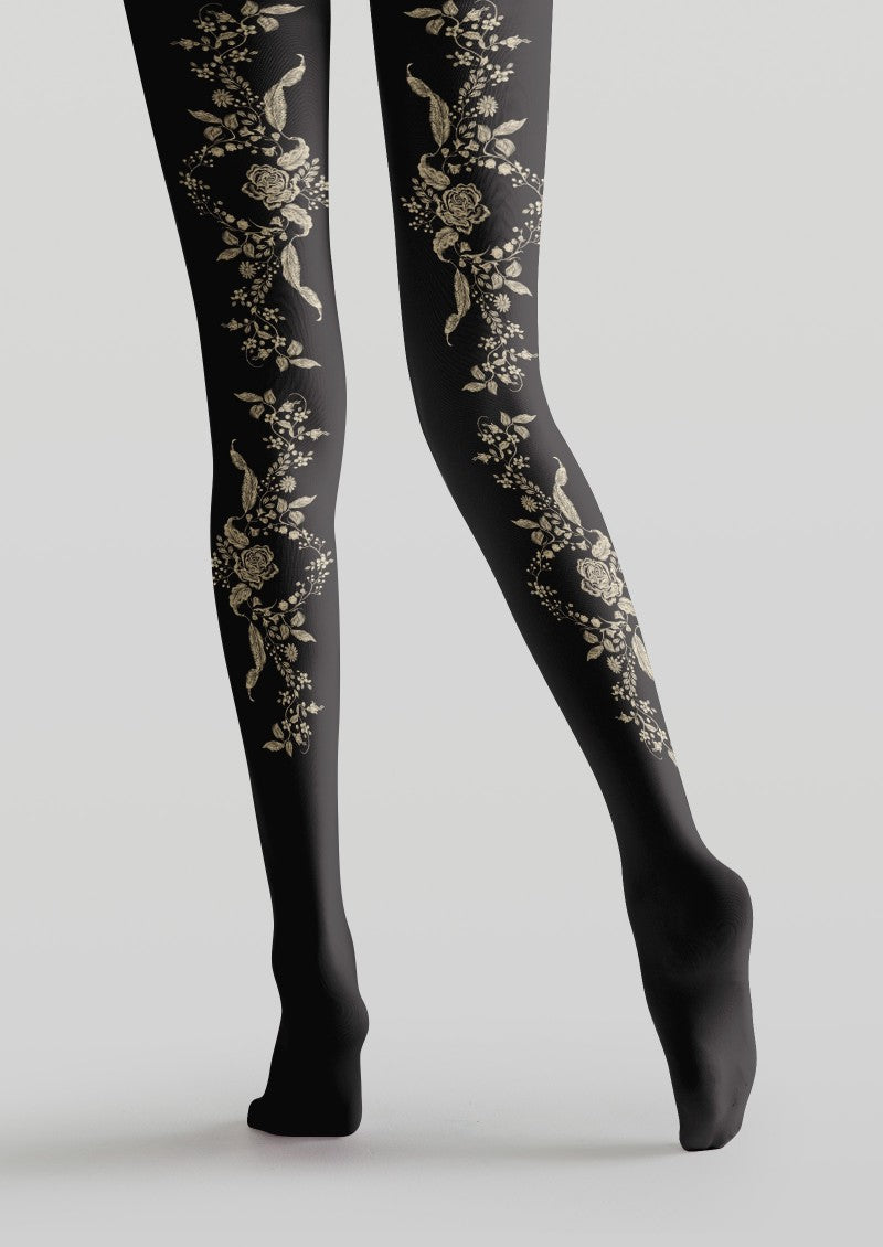 Black Floral Print Tights Hosiery Pantyhose
