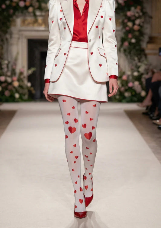 Valentine's Day White Red Heart Graphic Tights Hosiery Pantyhose