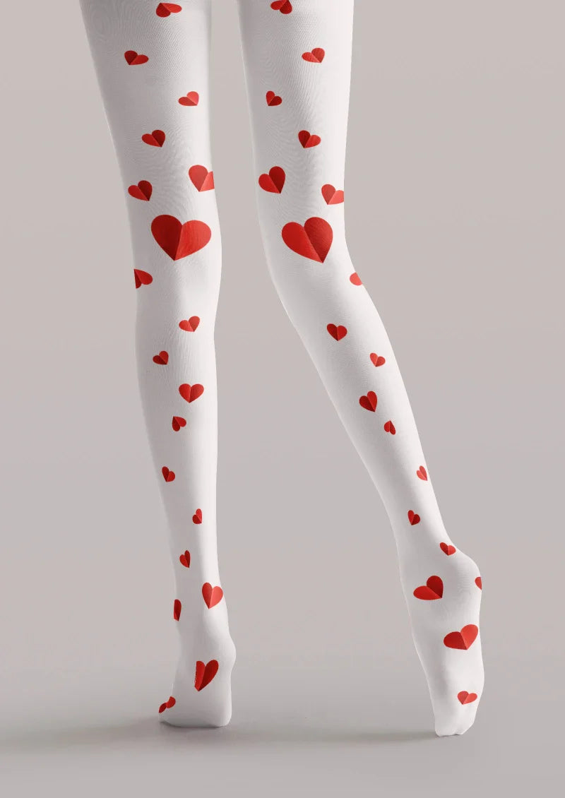 Valentine's Day White Red Heart Graphic Tights Hosiery Pantyhose