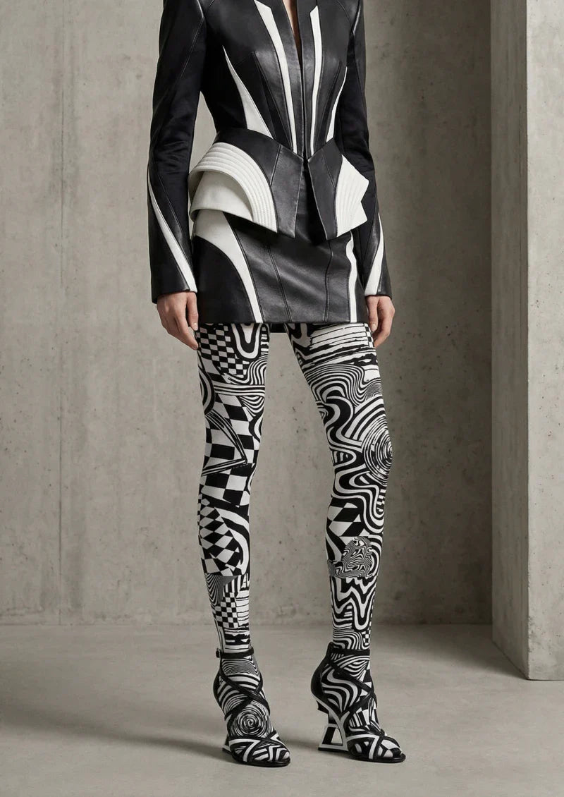 Black White Abstract Geometric Tights Hosiery Pantyhose