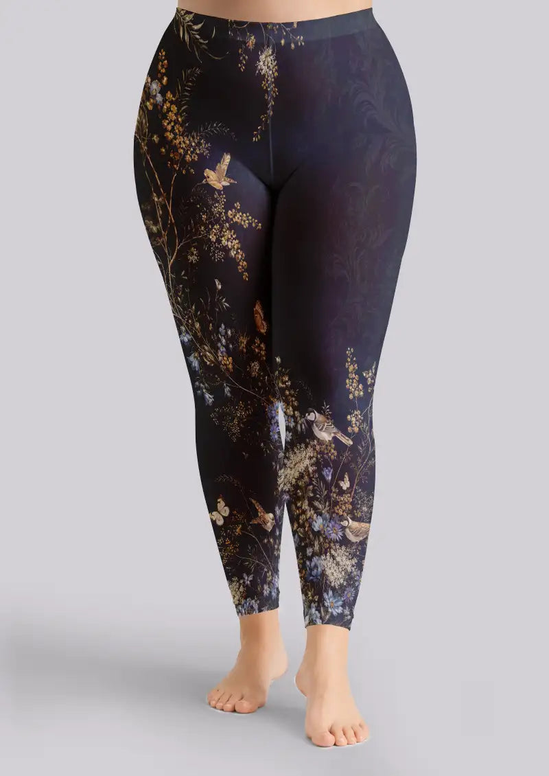 Midnight Bird Floral Footless Tights