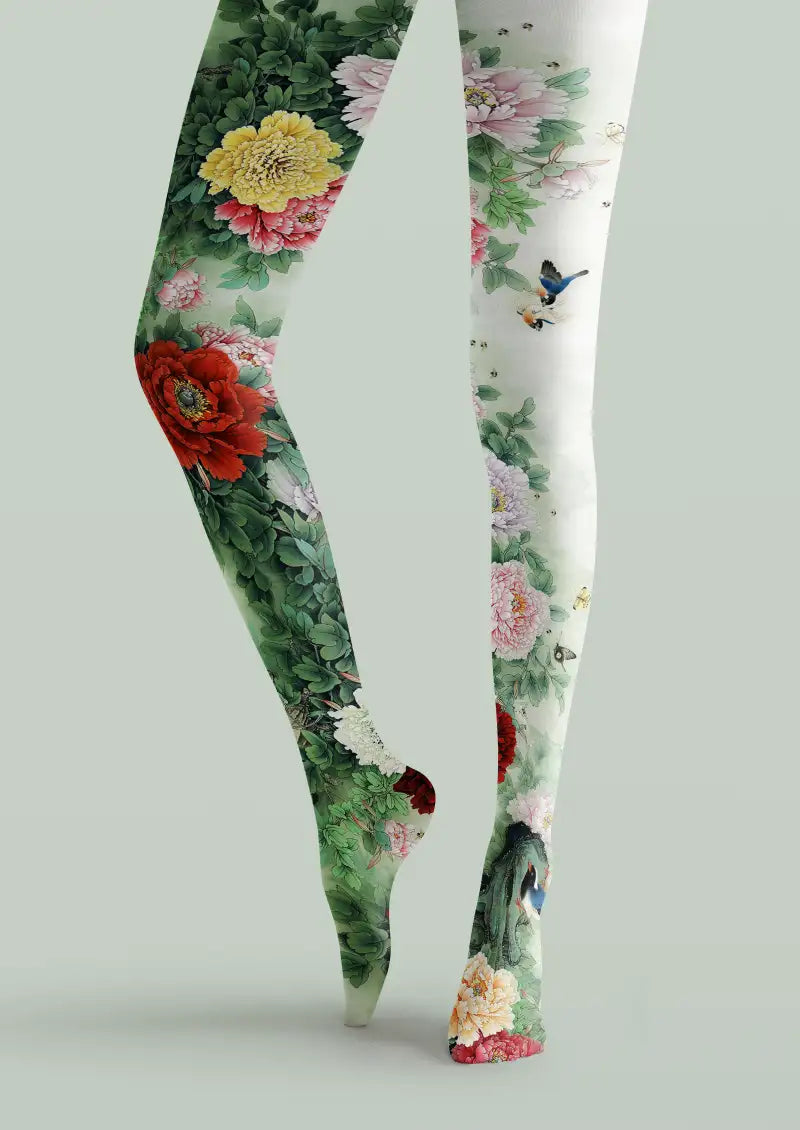 Green tights with floral and bird printed pattern