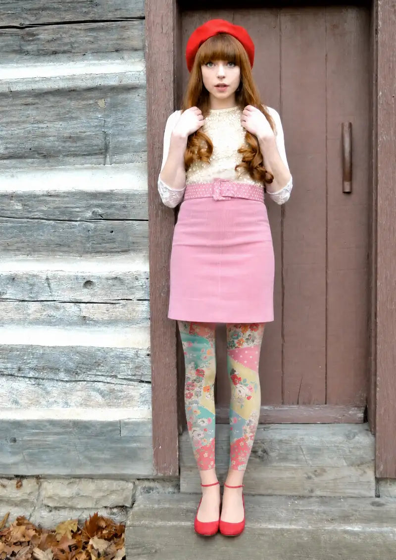 Multicolor Floral Patchwork Footless Tights