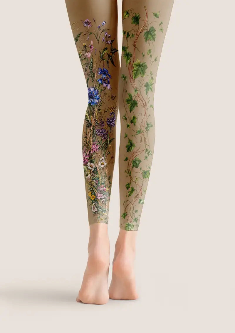 Beige Botanical Floral Footless Tights