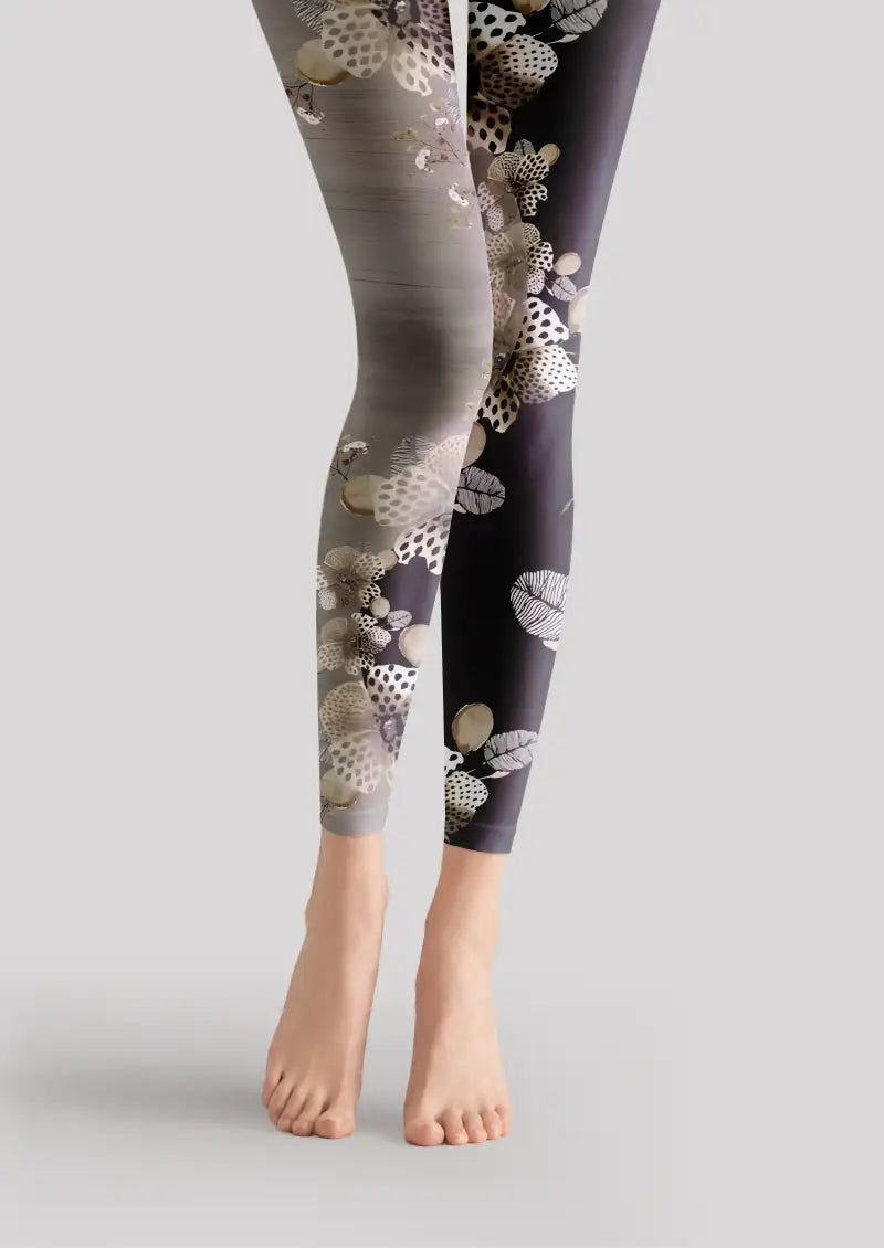 Black footless tights with light floral and leaf printed pattern