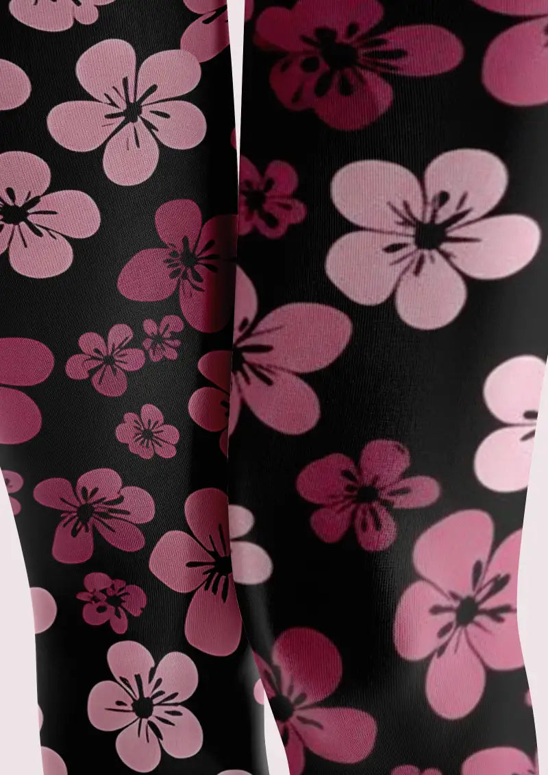 Black Pink Floral Footless Tights