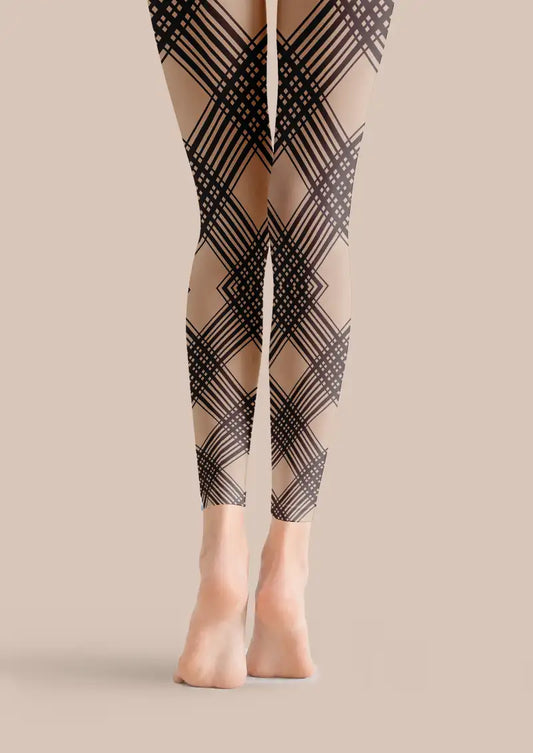 Black Plaid Line Footless Tights Hosiery Leggings