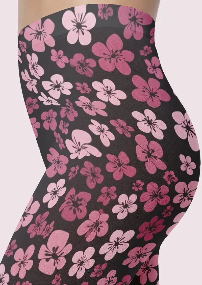 Black Pink Floral Footless Tights