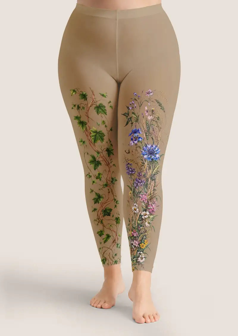 Beige Botanical Floral Footless Tights