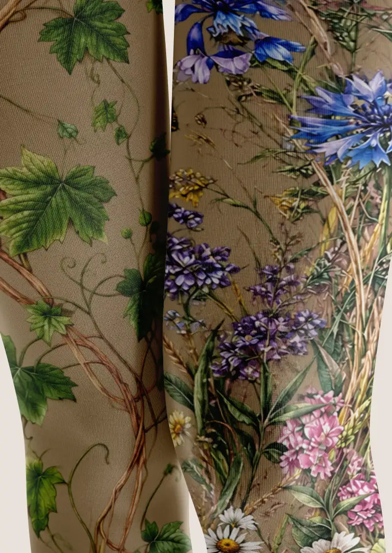 Beige Botanical Floral Footless Tights