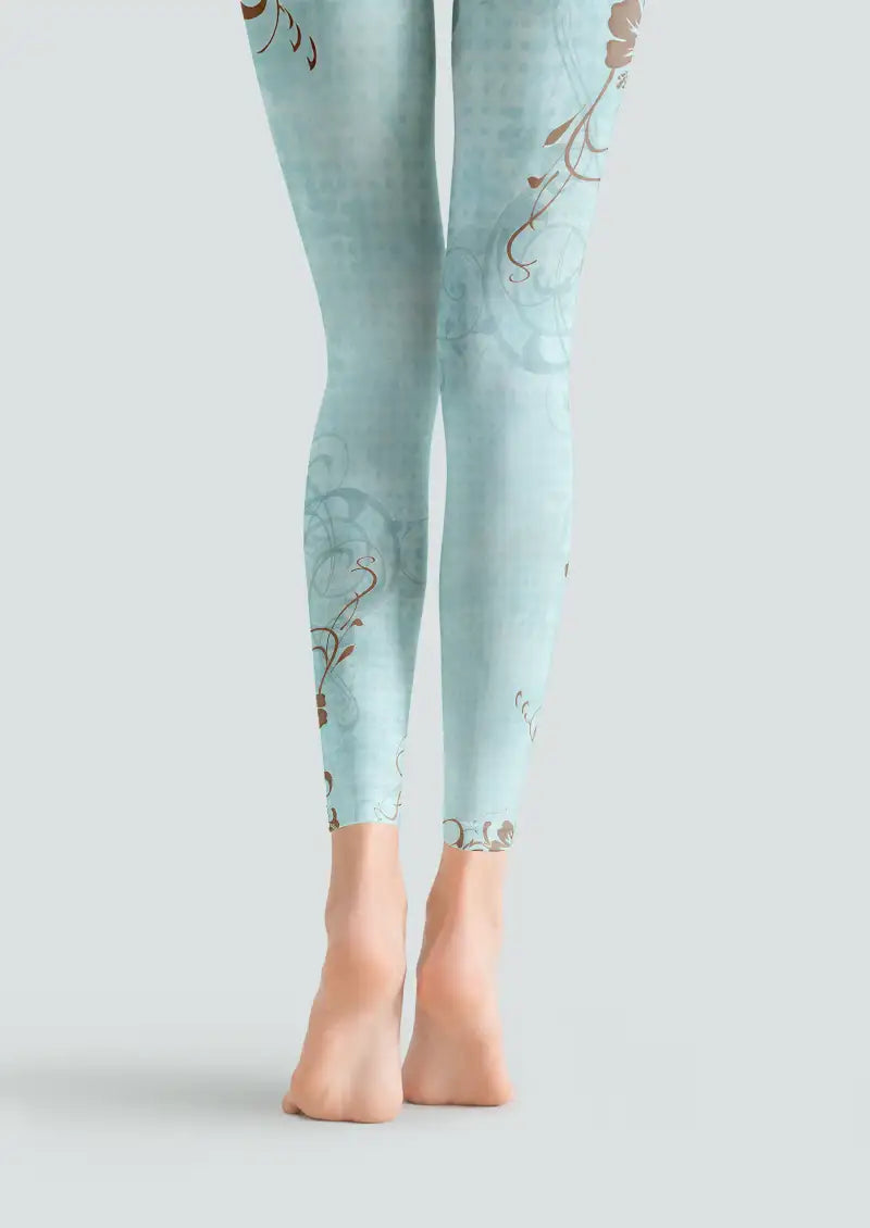 Aqua Floral Vine Pattern Footless Tights Hosiery Leggings