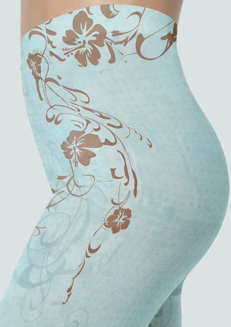 Aqua Floral Vine Pattern Footless Tights Hosiery Leggings