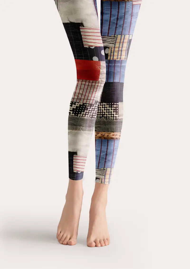 Multicolor footless tights with checks, stripes, dots and textile patchwork panels
