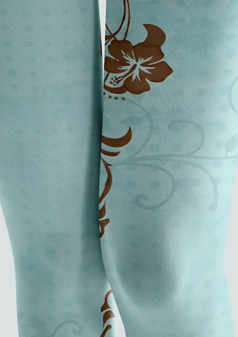 Aqua Floral Vine Pattern Footless Tights Hosiery Leggings