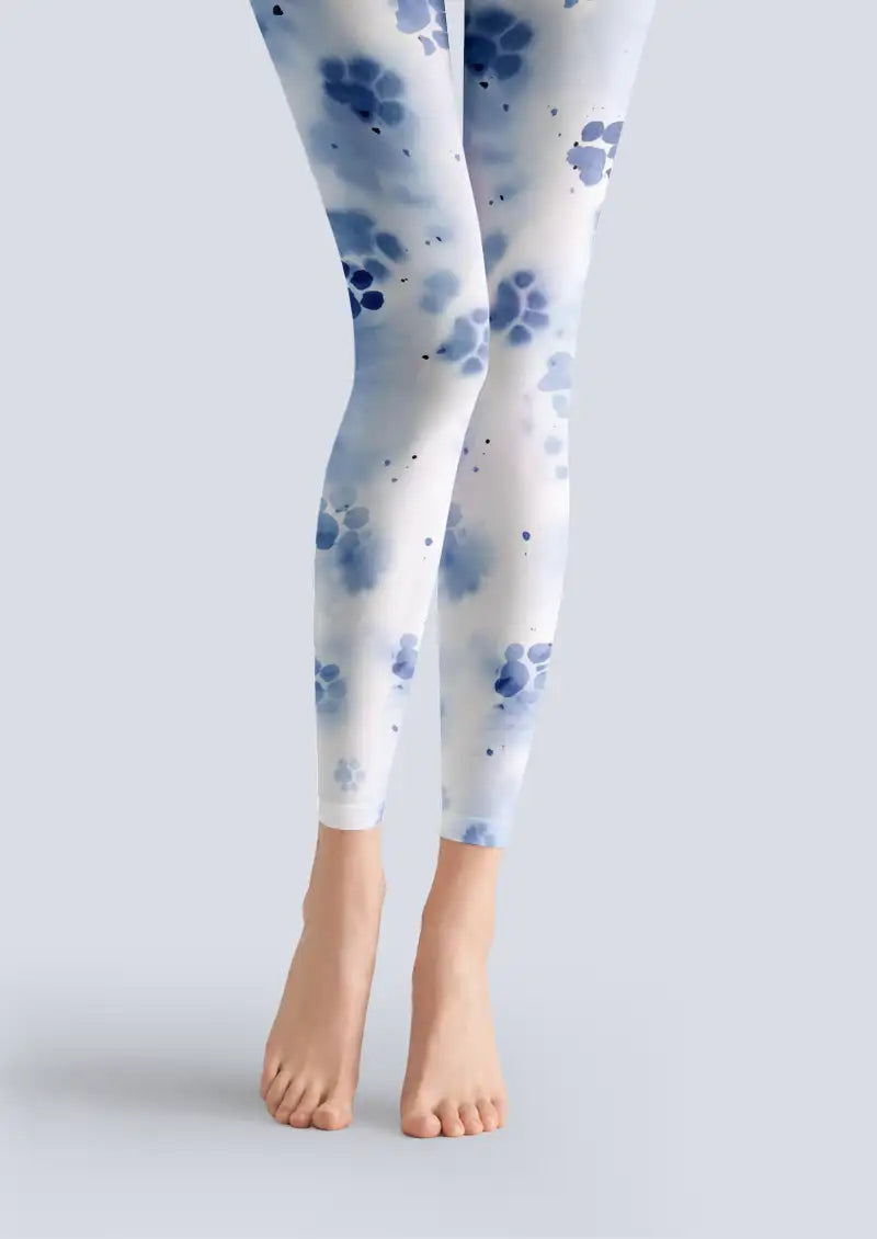 Blue Watercolor Floral Pattern Footless Tights Hosiery Leggings