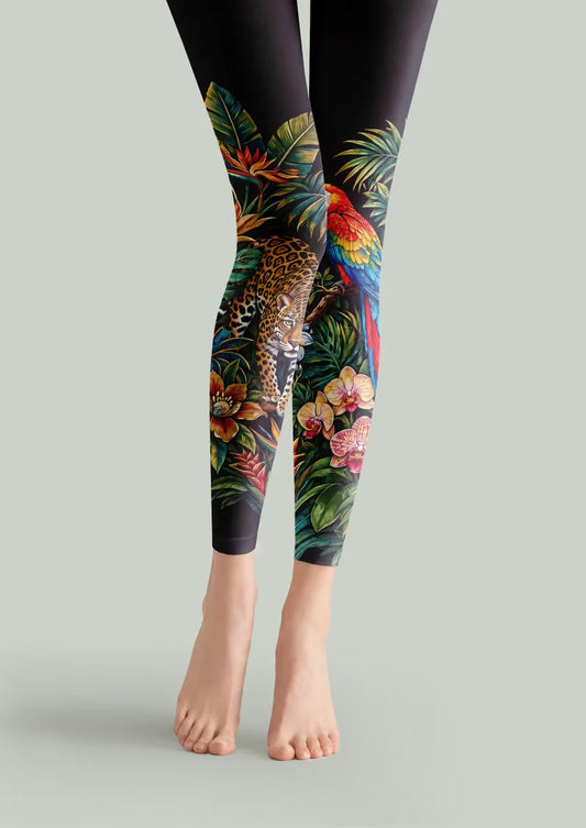 Multicolor printed footless tights with leopard, parrot, tropical leaves and flowers