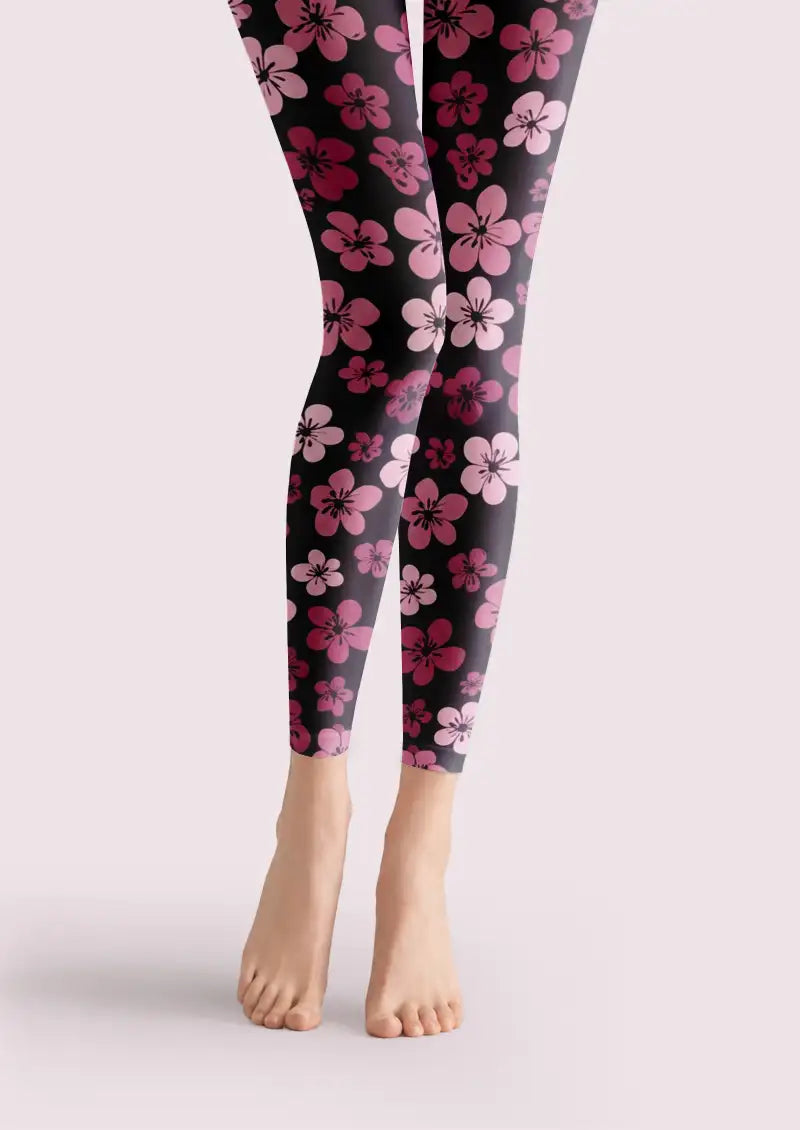 Black footless tights with pink floral printed pattern