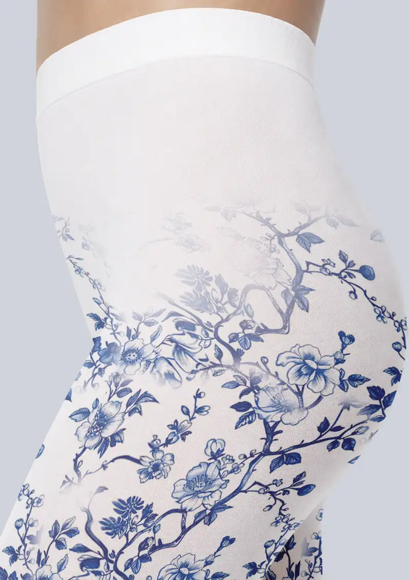 Blue Porcelain Floral Rabbit Pattern Footless Tights Hosiery Leggings