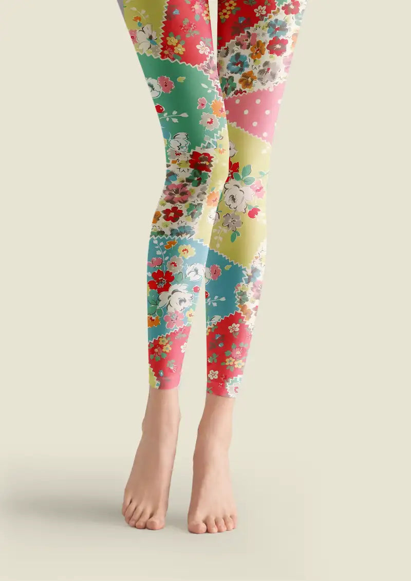 Multicolor footless tights with floral patchwork panels and scalloped edges