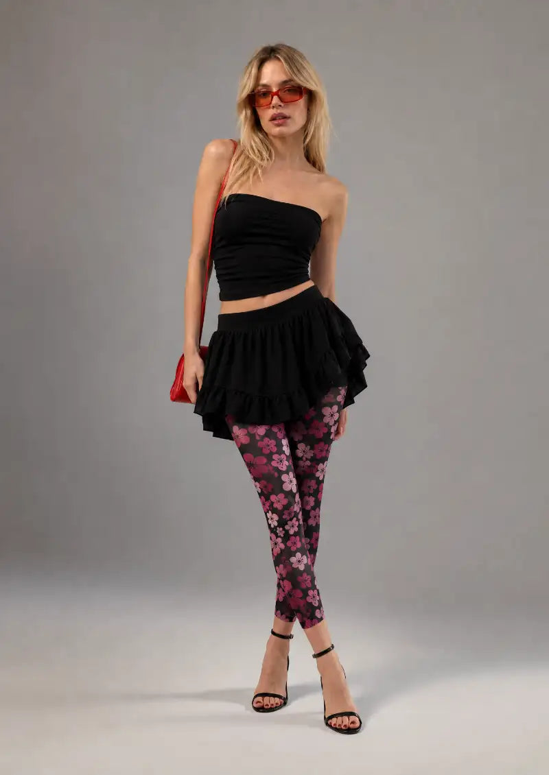 Black Pink Floral Footless Tights