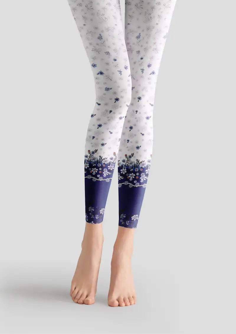 Blue Floral Border Footless Tights Hosiery Leggings