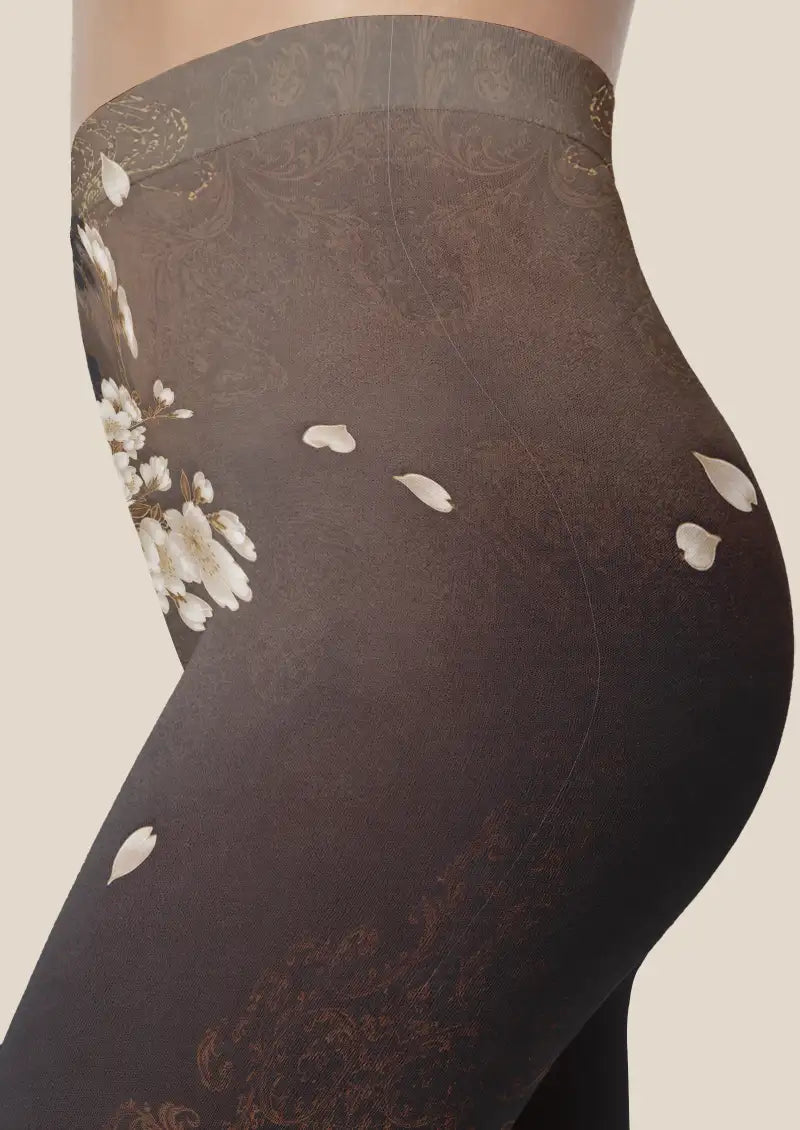 Black Gold Sakura Floral Footless Tights