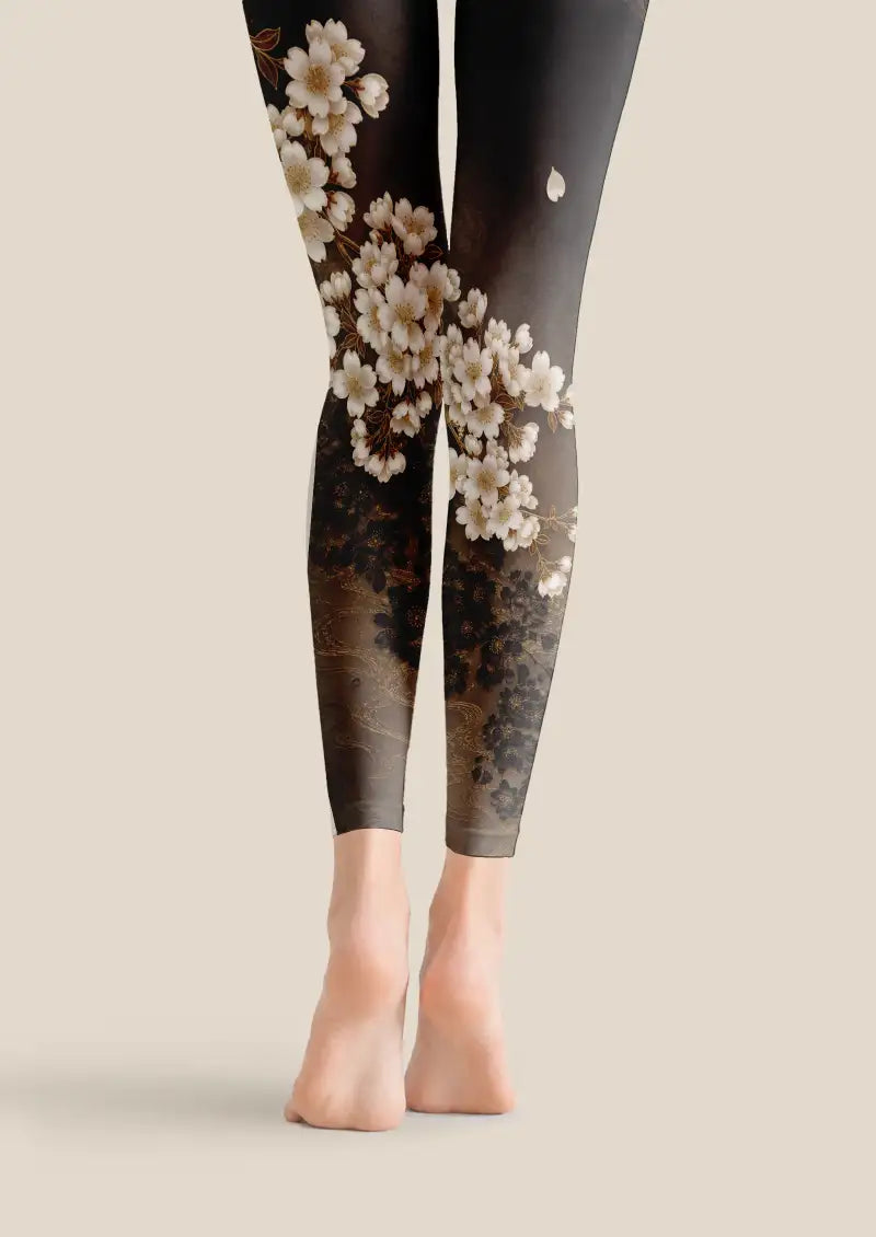 Black Gold Sakura Floral Footless Tights