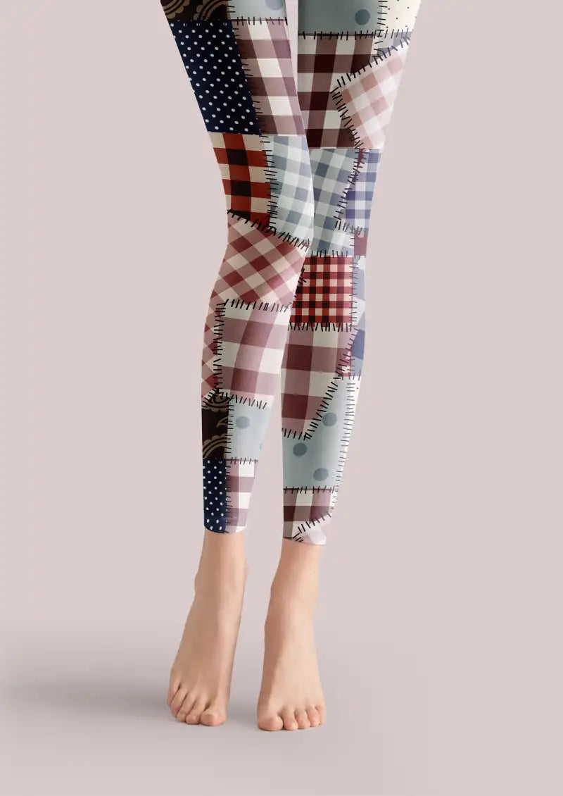 Multicolor footless tights with plaid, polka dot and stitched patchwork motifs