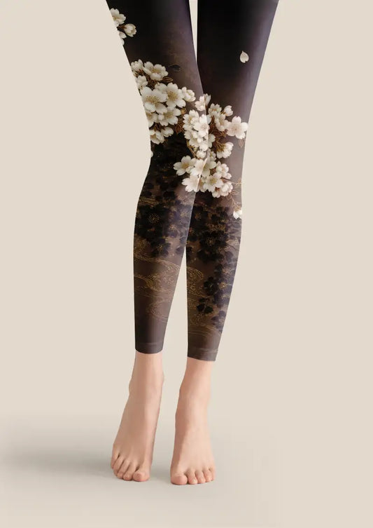 Front lower-leg view of Black Gold Sakura Floral Footless Tights