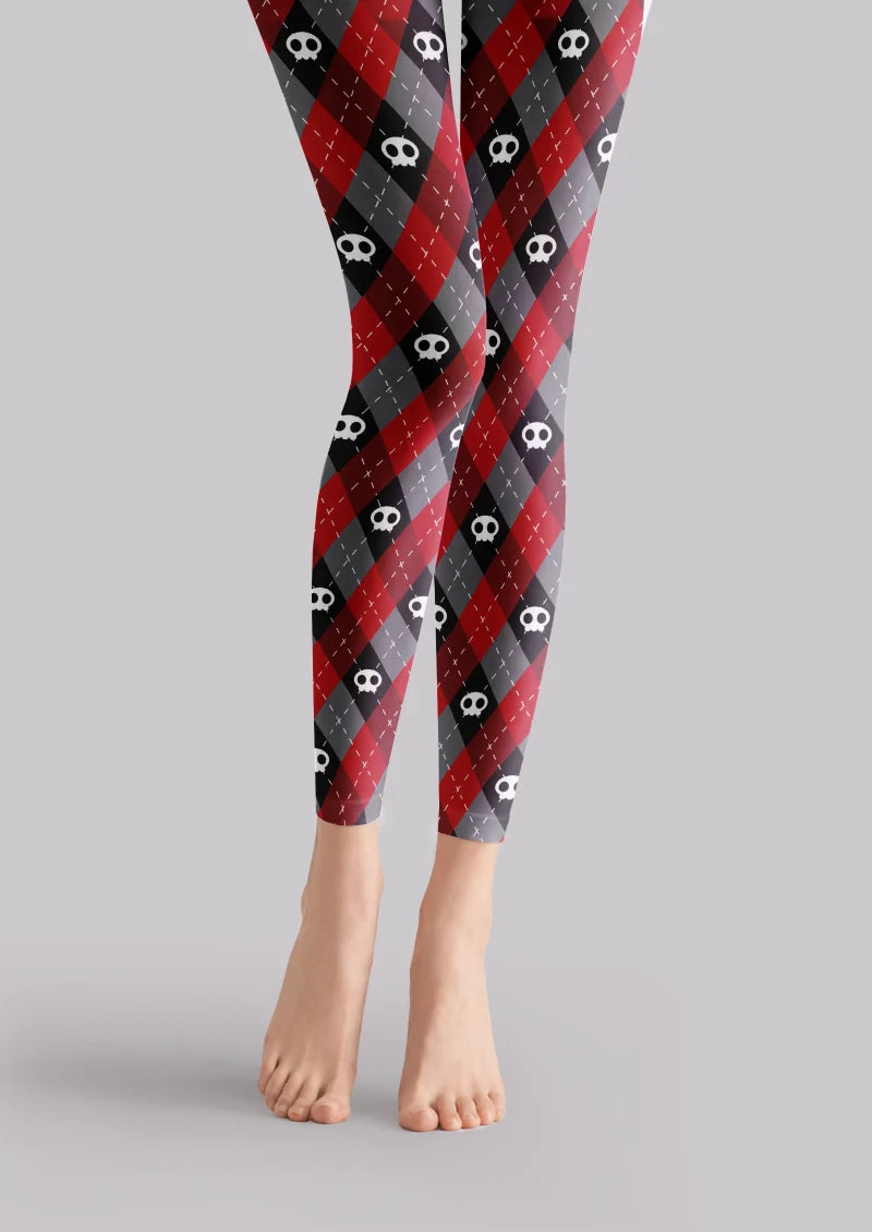 Black printed footless tights with argyle diamond and skull patterns