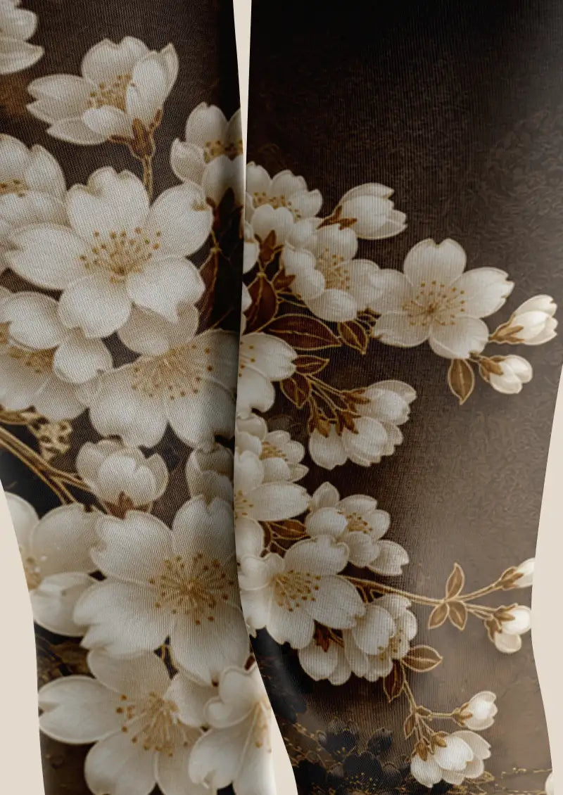 Black Gold Sakura Floral Footless Tights