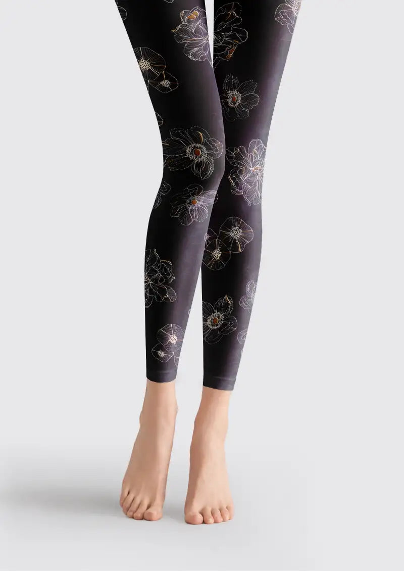 Black footless tights with white floral printed pattern