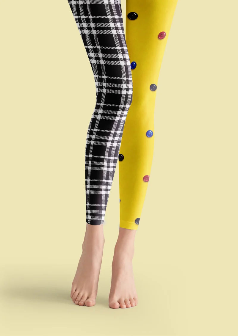 Yellow printed footless tights with black-and-white plaid and colorful button motifs