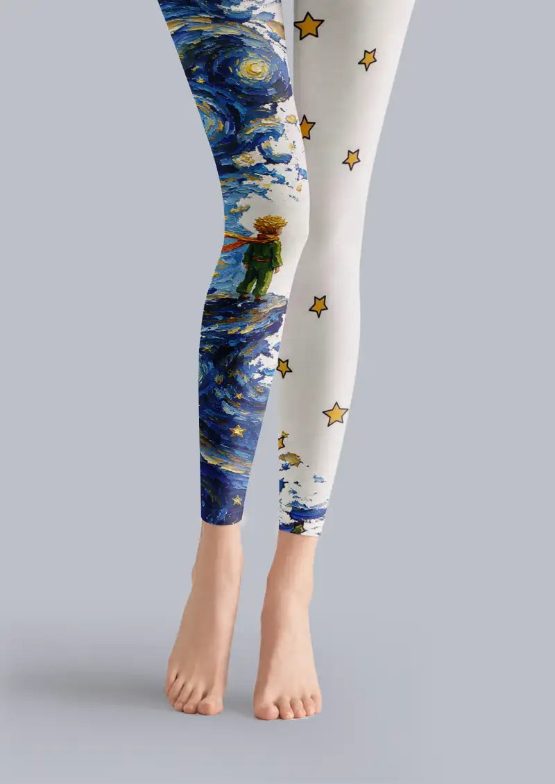 Blue printed footless tights with starry sky artwork, stars and illustrated character details