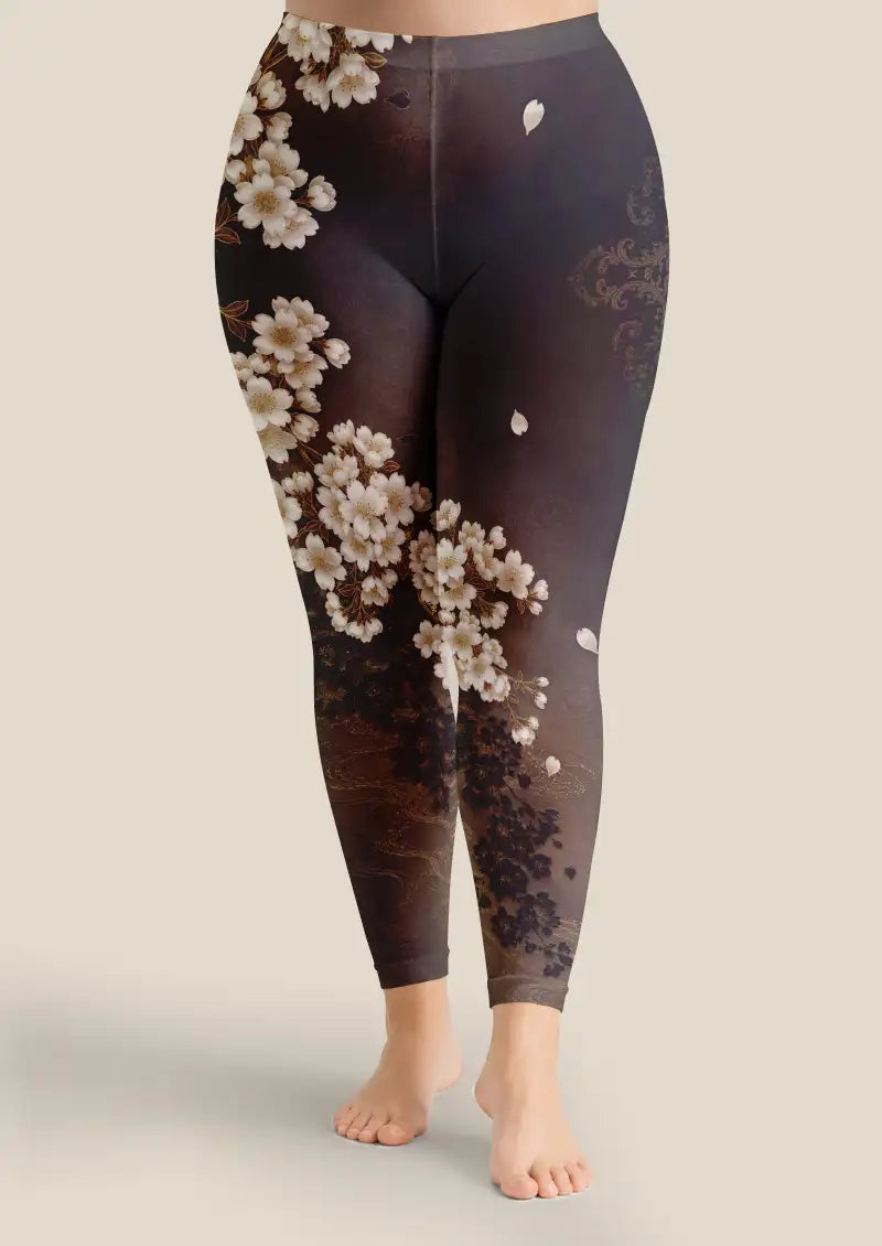 Black Gold Sakura Floral Footless Tights