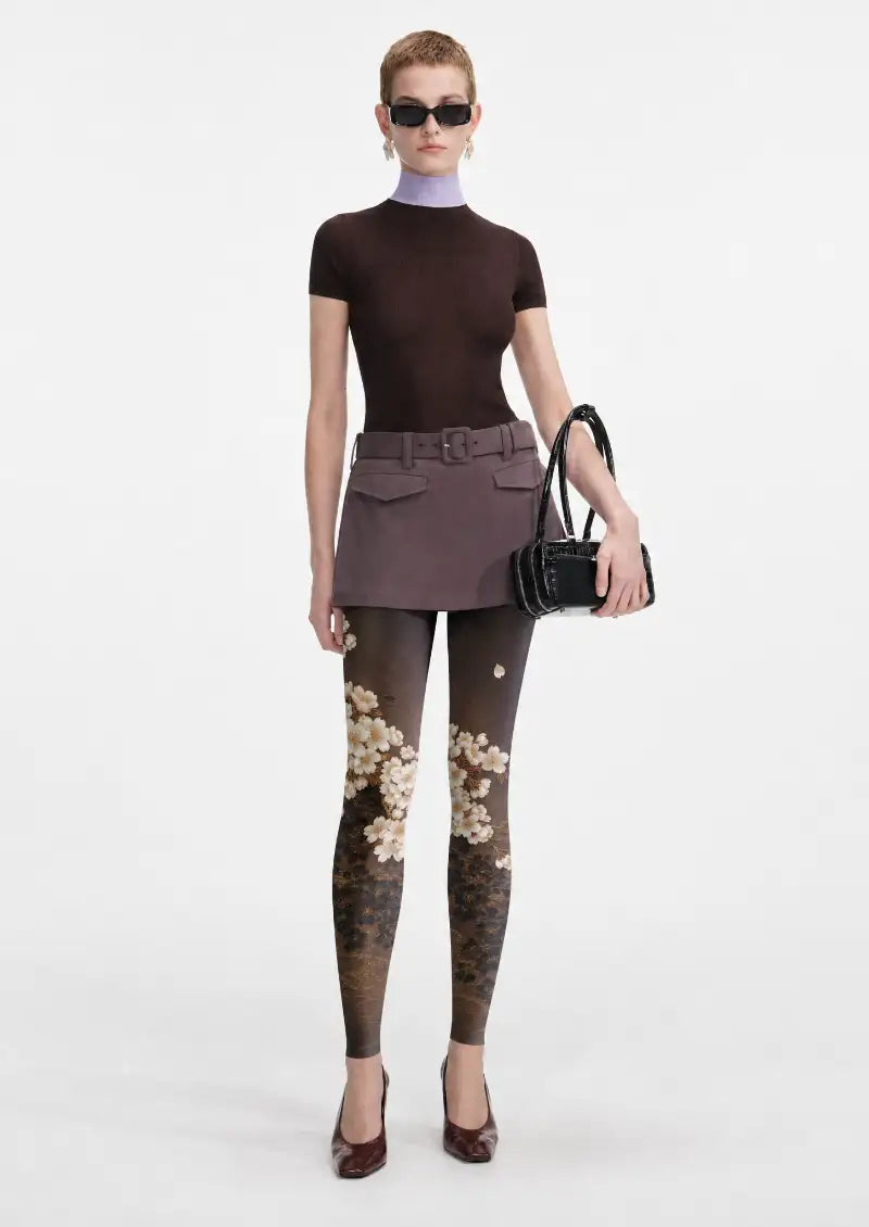 Black Gold Sakura Floral Footless Tights