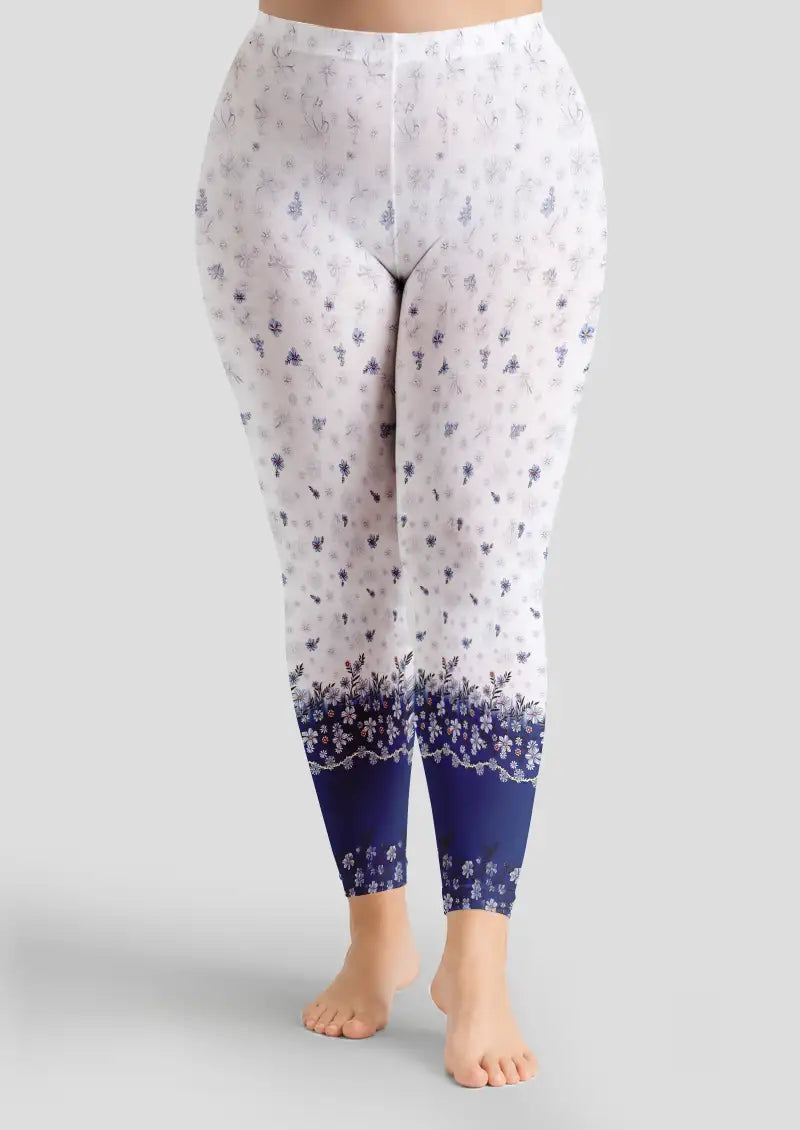 Blue Floral Border Footless Tights Hosiery Leggings